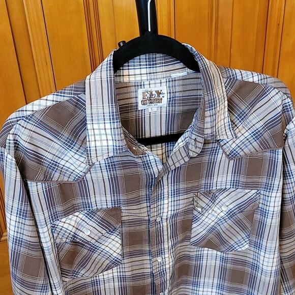 Vintage Ely Cattleman Western Pearl Snap Shirt Brown Blue Plaid Long Sleeve L - Picture 13 of 13